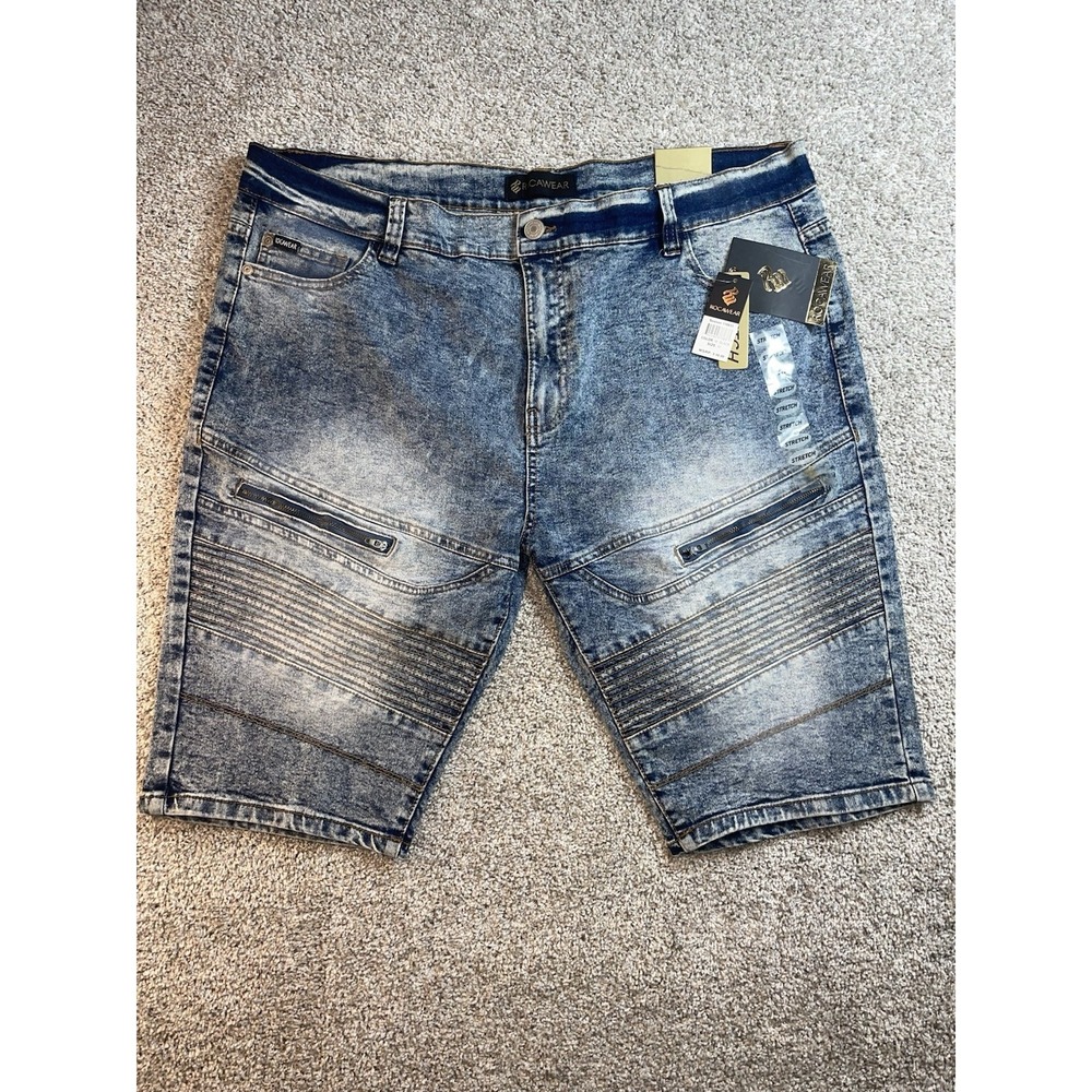 Rocawear Moto Stretch Jean Shorts Hip Hop Blue Acid Wash Mens 42 NWT